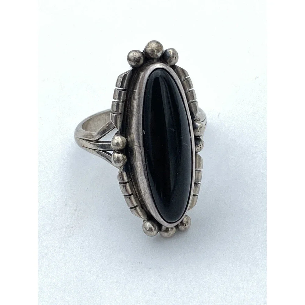 Vintage Sterling Silver Long Oval Black Onyx Ring 5.9 Grams